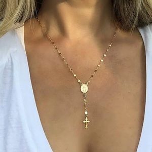 NEW GOLD TONE ROSARY LARIAT CROSS NECKLACE